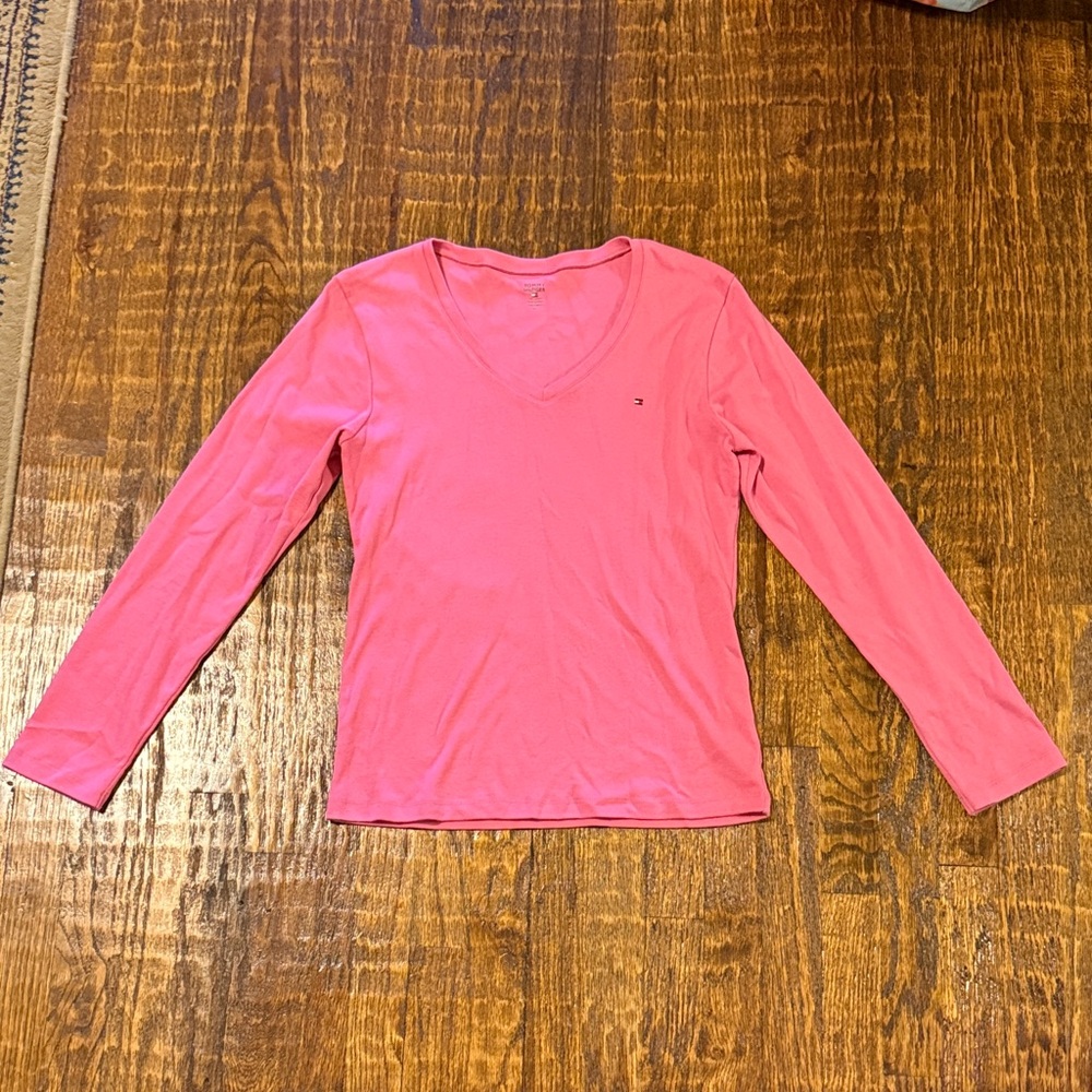 Tommy Hilfiger Pink V Neck Long Sleeve Tee Logo Top Size L